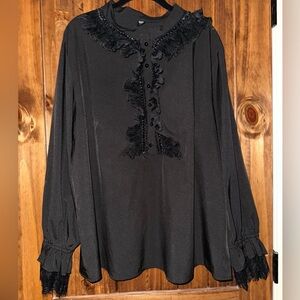 Women’s Black Lace Trim Flounce Sleeve Blouse
